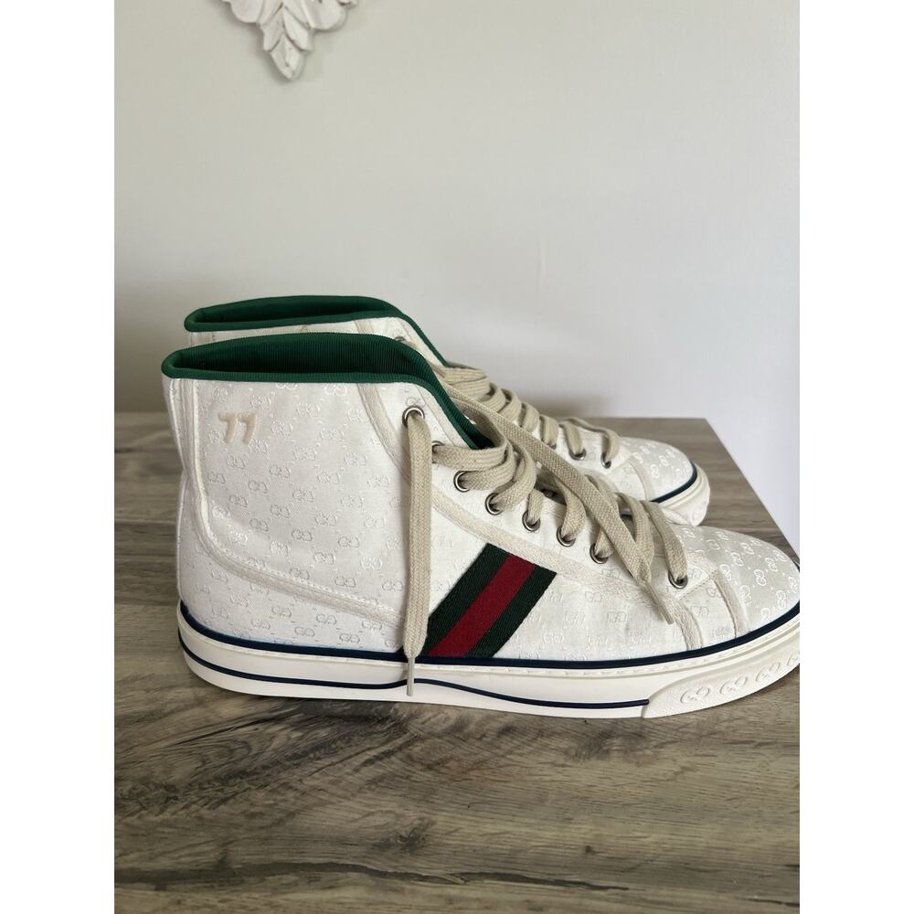 Size 11 - Gucci Tennis 1977 High Top White Mini GG Sneakers Stripe Shoes - Picture 5 of 11